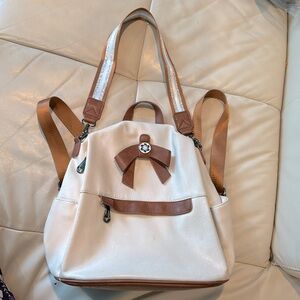 Shoulder Bag Backpack Cream Tan Silver Metallic Striped Handle Faux Leather Tote